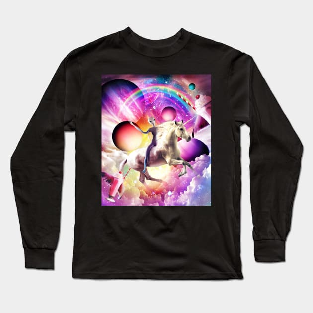 Space Alien Riding Unicorn - Milkshake Rainbow Long Sleeve T-Shirt by Random Galaxy